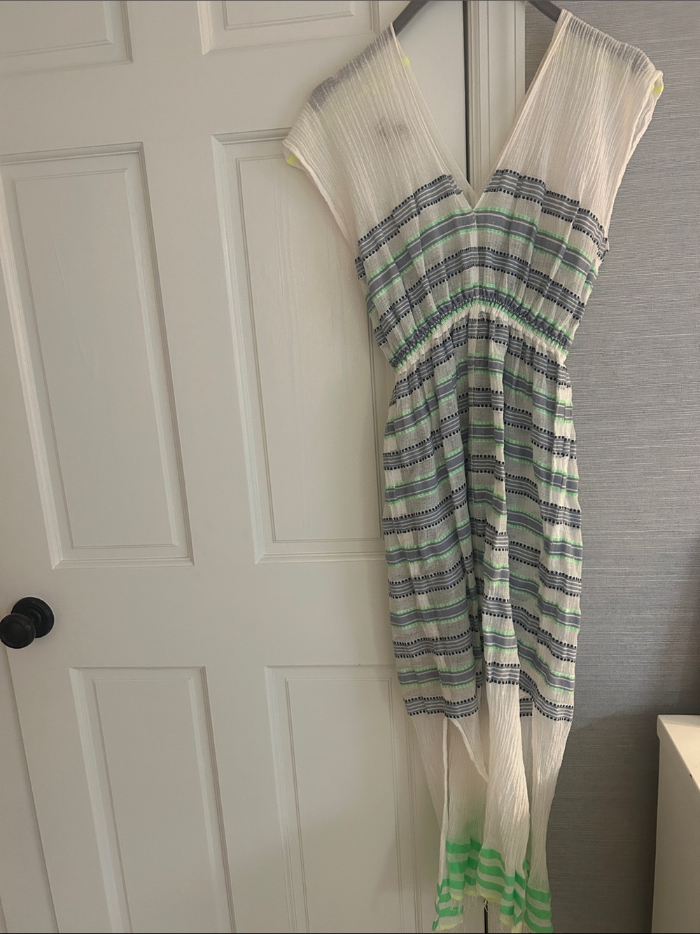 Lem Lem Striped V-Neck Maxi Beach Cover Up  in White and Green